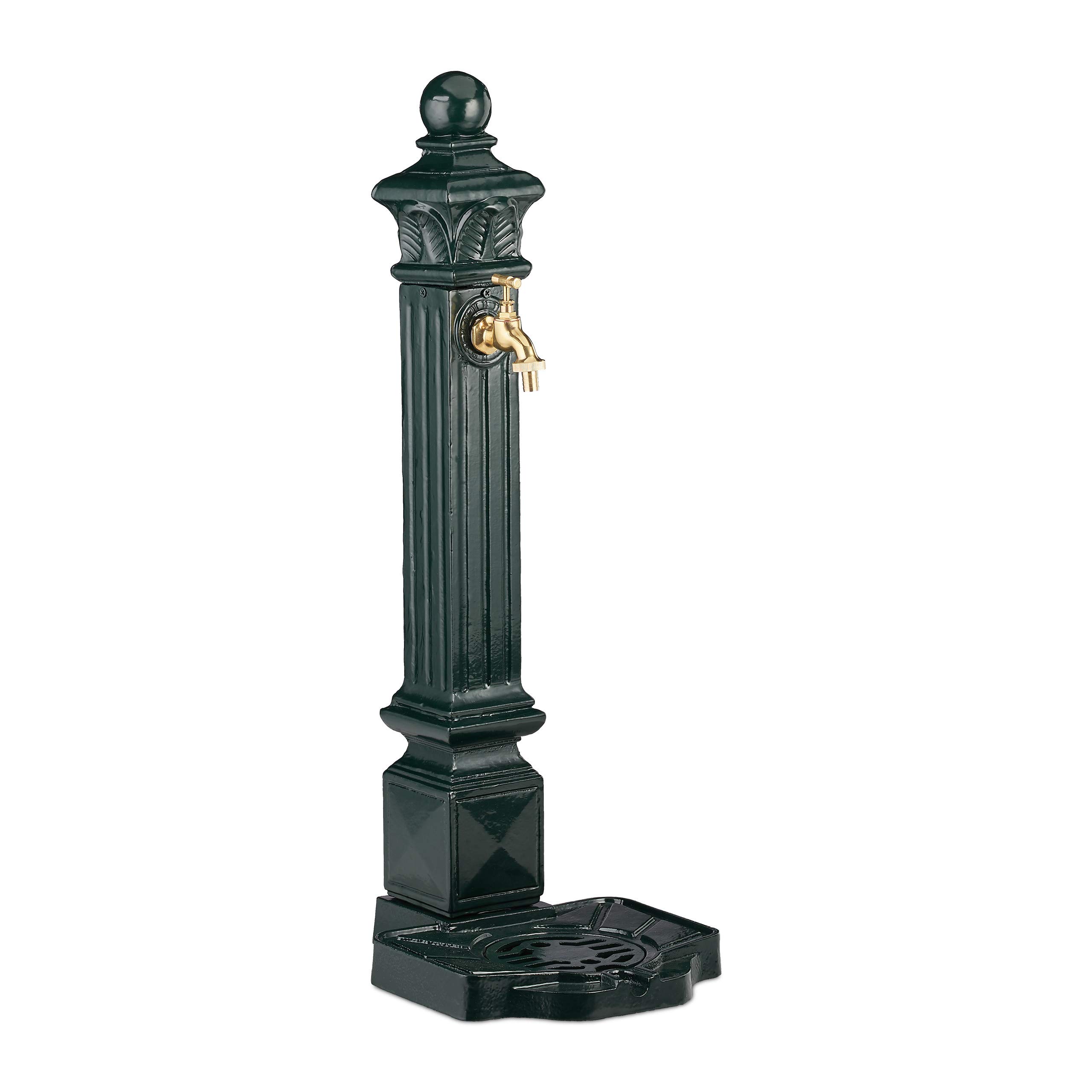 Relaxdays Dark Green Water Fountain, Antique Look, Column with Faucet & Basin, HWD: 80 x 28 x 32 cm