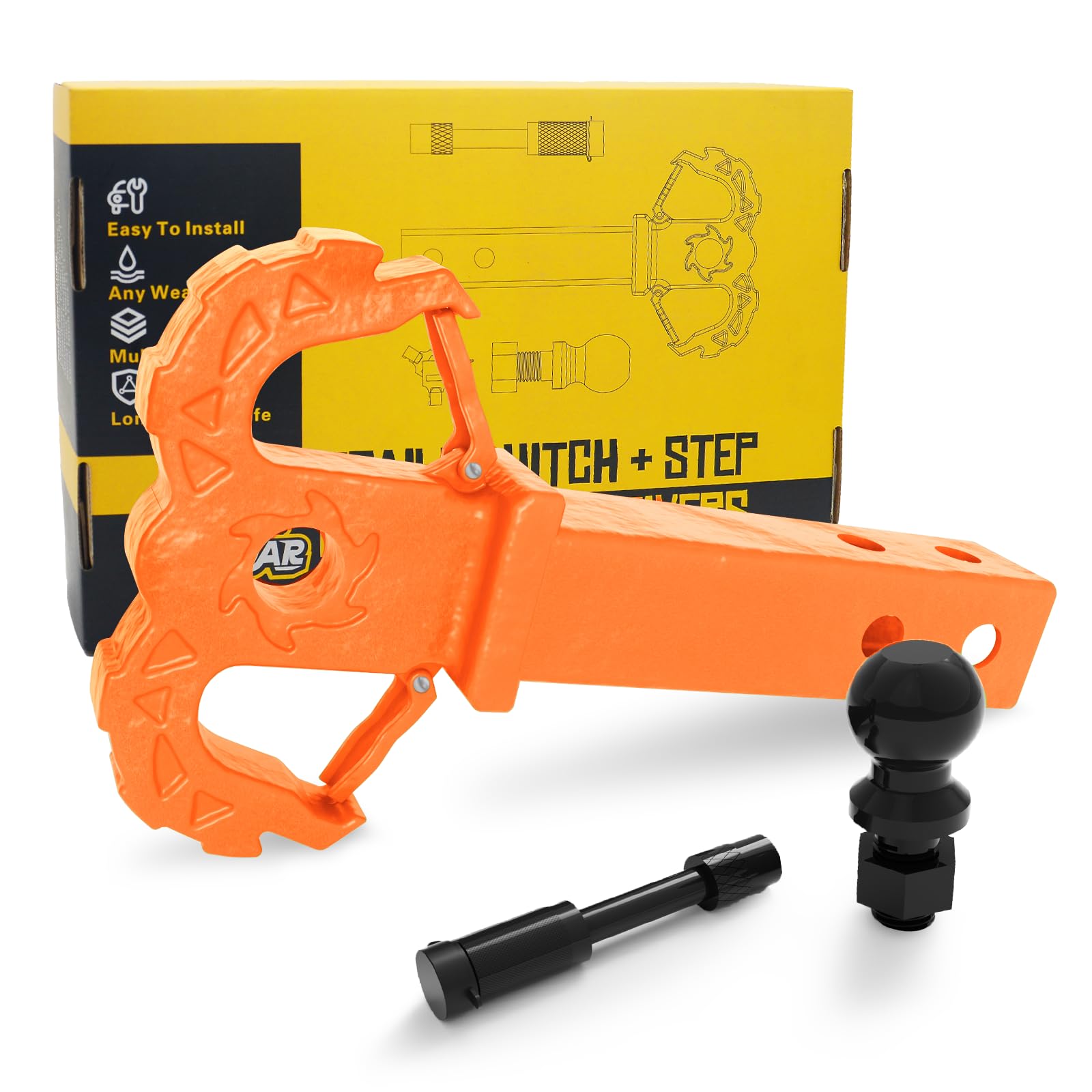 Photo 1 of A-BOAR Hitch Step for 2" Receivers,Trailer Hitch with 2-Inch Ball Hitch and Trailer Hitch Pin, Drop Forged Steel Truck Hitch Step, 14 Ton (30000 Lbs) Maximum Break Strength Tow Hitch Receiver, Orange