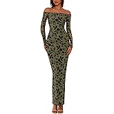 PRETTYGARDEN Womens Off The Shoulder Floral Maxi Bodycon Dress Fall Long Sleeve Mesh Fitted Long Formal Wedding Guest Dresses