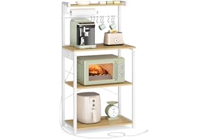 VASAGLE Kitchen Bakers Rack with Power Outlet, Coffee Bar 4-Tier with 8 S Hooks, Microwave Stand, Adjustable Shelf, for Small