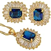 RIZILIA Rectangular Radiant Cut Birthstone Jewelry Set for Women - Multi Color Options - 14K Yellow Gold Plated Pendant Necklace Stud Earrings, 18"+2" Chain - Gift Boxed for Her, Mother