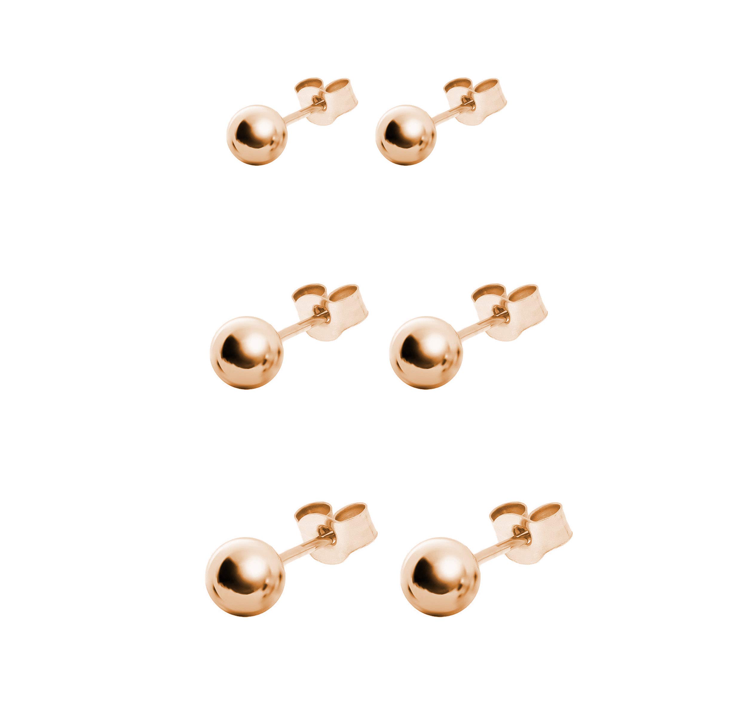 Women’s Sterling Silver Set of 3 Pairs Stud Rose Gold Round Ball Studs Earrings 2/3/4MM, Hypoallergenic & Nickel Free for Sensitive Ears, Jewellery Gift Box, Everyday wear