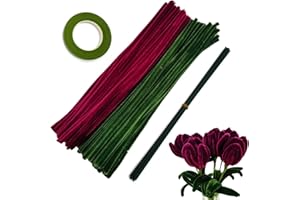 Cldamecy 200 pcs Pipe Cleaners Set with Floral Wires & Floral Tape,Chenille Stems Pipecleaners for Tulip Bouquet Making,Kids DIY Craft Projects and Decorations (Magenta + Moss Green)
