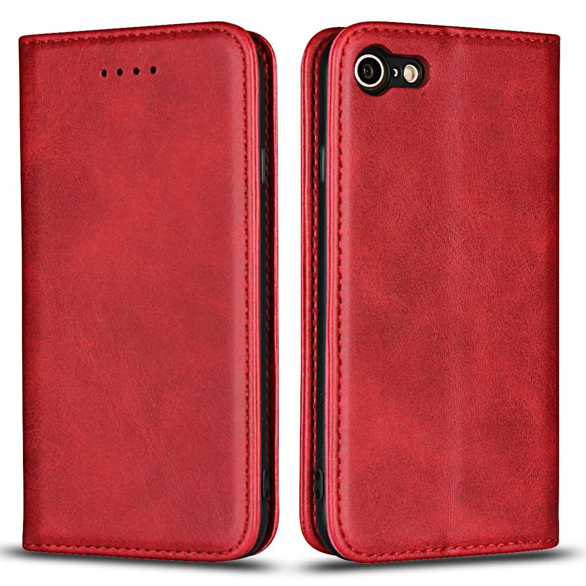 DENDICO Case for iPhone 7 / iPhone 8 / iPhone SE 2022 / iPhone SE 2020, Classic Leather Wallet Case Flip Notebook Style Cover with Magnetic Closure, Card Holders, Stand Feature - Red