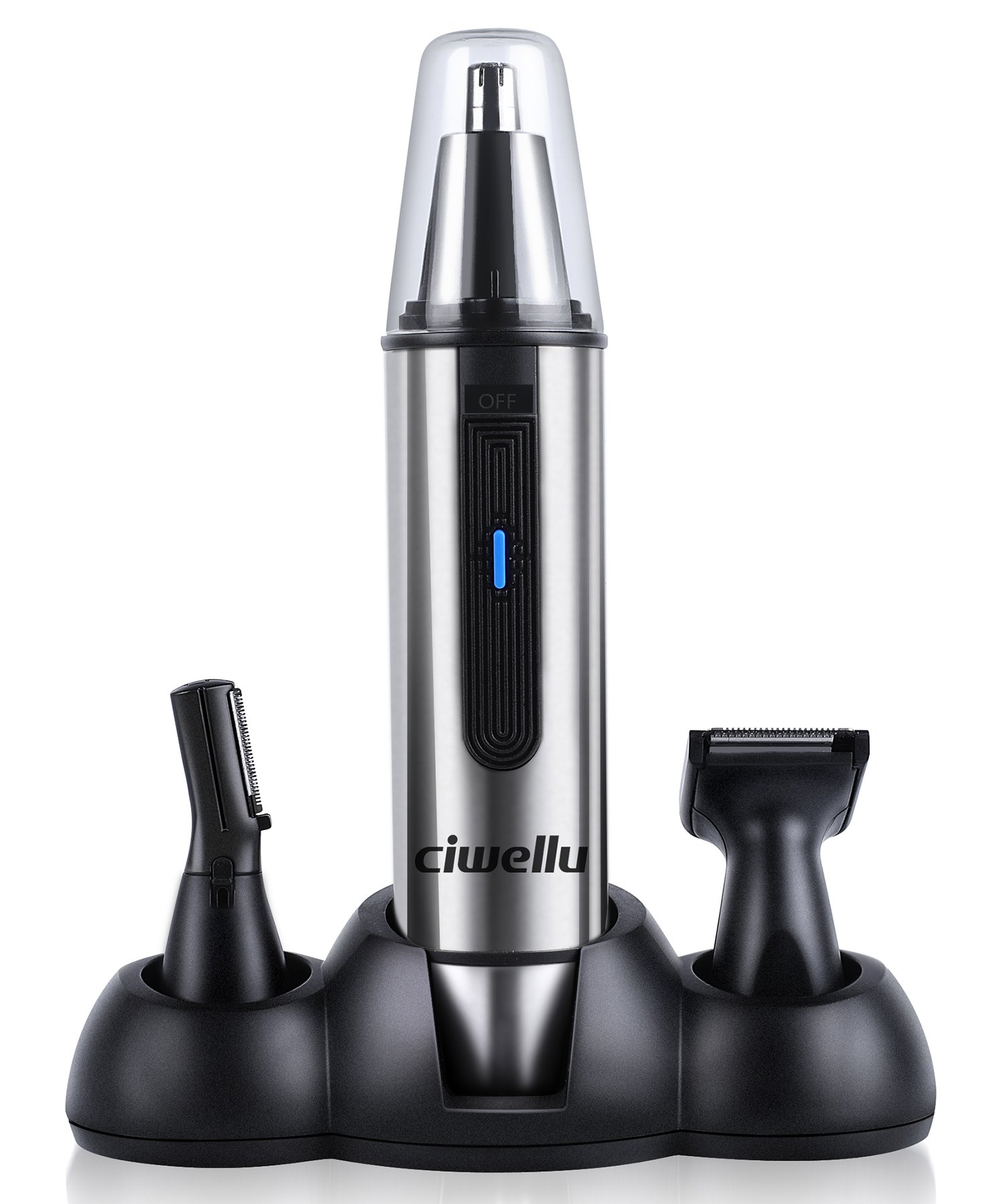 Nose Hair Trimmer, Ciwellu 3 in 1 Water Resistant Stainless Steel Nose Clipper Beard and Eyebrow Trimmer with LED Light, Battery-Operated, Silver