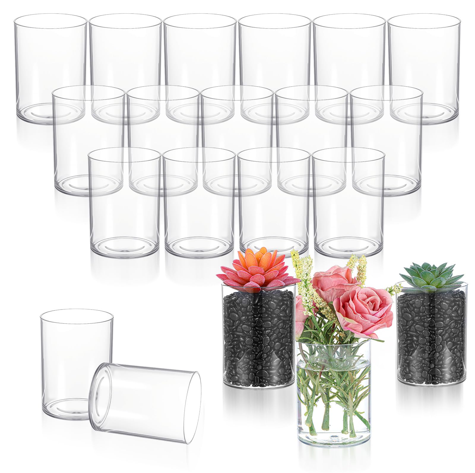 Photo 1 of 20 Pcs Plastic Cylinder Vase 4 Inch Acrylic Cylinder Vase Bulk Small Clear Flower Container Hurricane Candle Holder Round Wide Container Centerpiece for Home Office Wedding Decorations