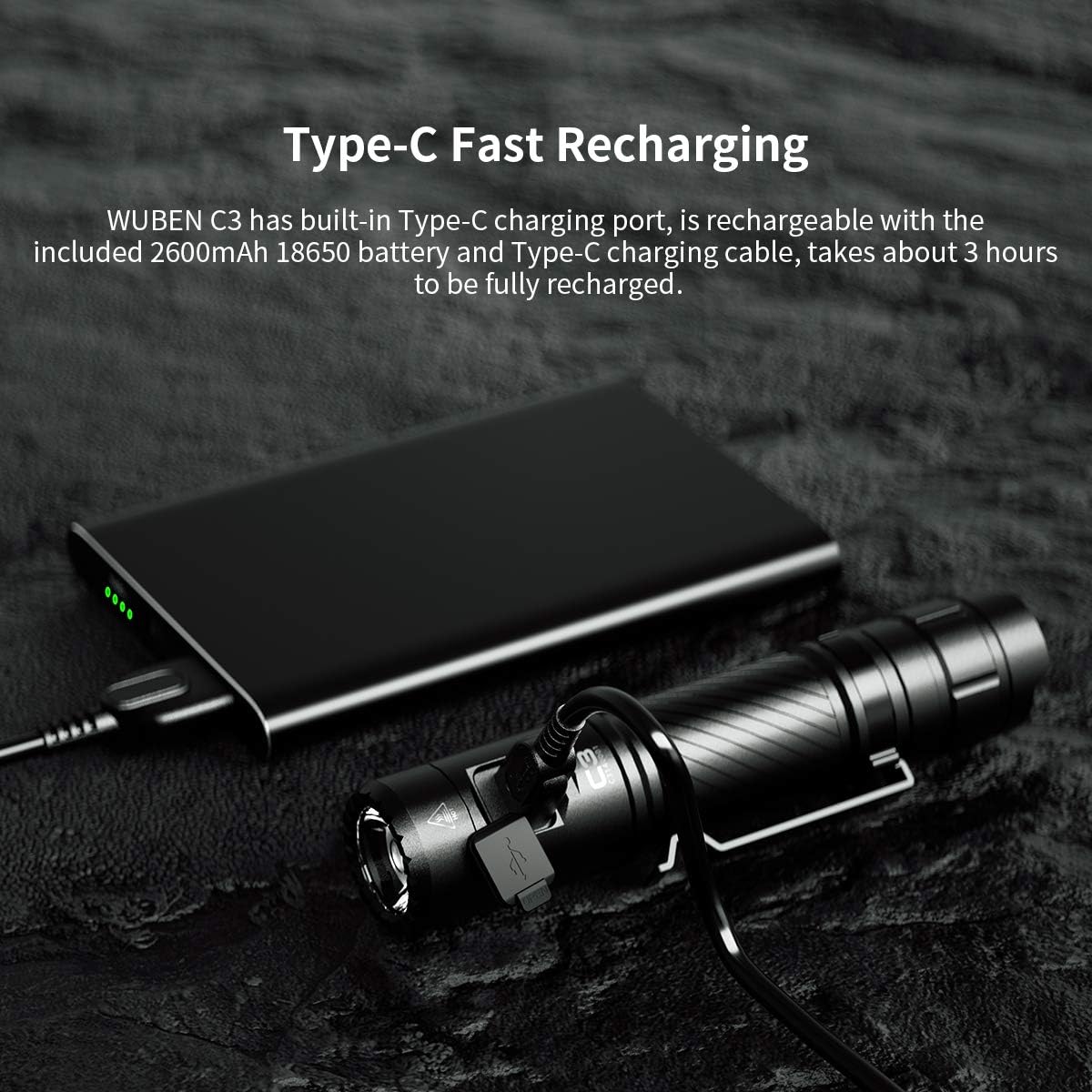 WUBEN C3 Rechargeable Flashlight 1200 High Lumens Tactical Super Bright LED Flashlights 18650 Battery Included Type-C Charging IP68 Water-Resistant 6 Light Modes Pocket-Sized EDC Flash Light - - 