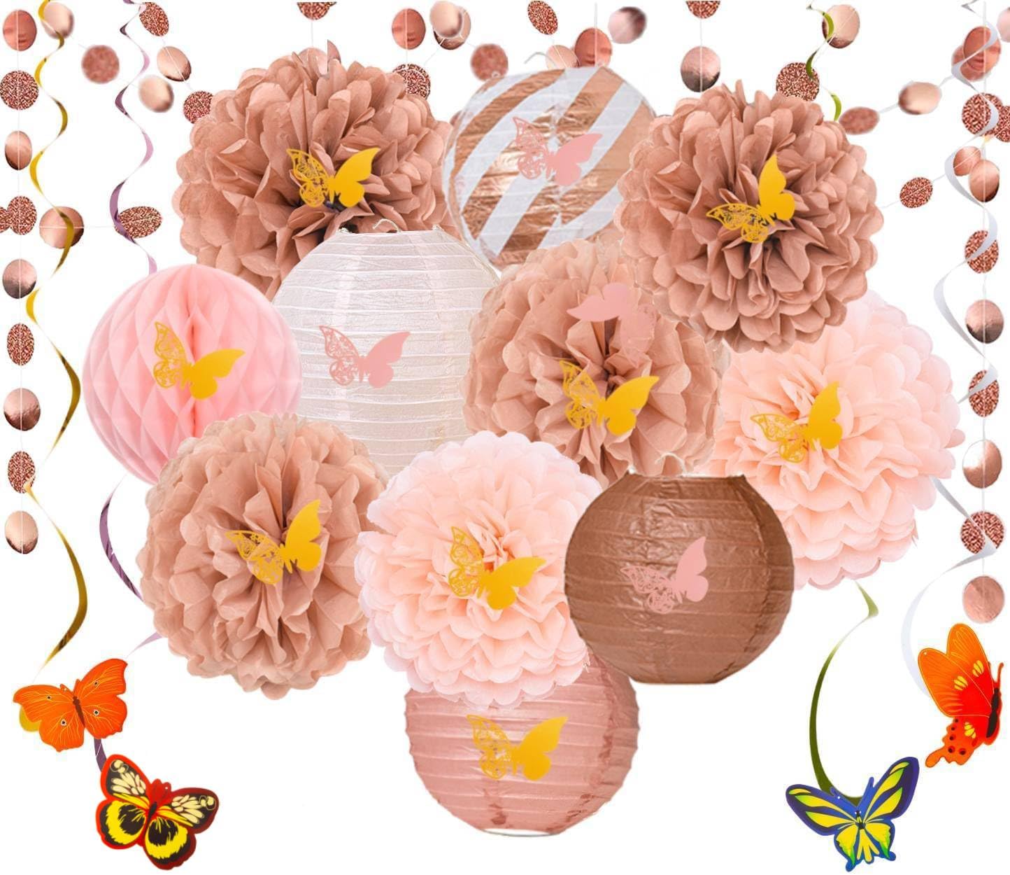 Photo 1 of 28 PCS Rose Gold Party Decorations Set, Tissue Paper Pom Poms Paper Lanterns Honeycomb Balls Circle Dots Garland Butterfly Hanging Swirl Butterfly Decorations for Birthdays, Bridal Showers
