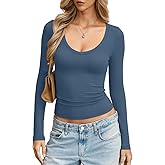 Eachyes Womens Deep V Neck Long Sleeve Shirts Tight Low Cut Tops Sexy Going Out Y2k Trendy Fall Clothes 2026