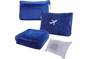 Nenolix 3 in 1 Travel Blanket Pillow Set - 350 GSM Thick Travel Blanket Airplane Compact with Bag, Soft Bag with a Pocket, Inflatable Travel Pillow for Camping & Car Trip (Royal Blue)