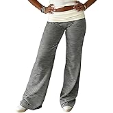 SUEER Women Y2K Fold Over Yoga Pants Elastic Low Waist Contrast Color Straight Wide Leg Soft Sweatpants