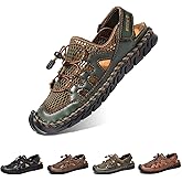Men's Sandals, Summer Leather Fisherman Beach Shoes Closed Toe Sandals for Men Handmade Breathable Water Sandals Outdoor Non Slip Walking Shoes Anti Collision Comfort Hiking Athletic Slides Sandals