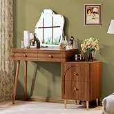 Chrangmay Brown Stylish Corner Makeup Vanity Table，Vanity Desk with Lighted Mirror and 4 Spacious Drawers,Bedroom Essential Dressing Table with Nightstand，Modern Minimalist Writing Desk for Girls