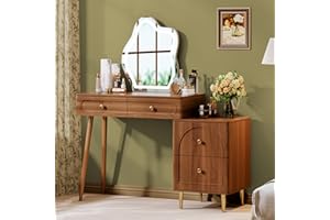 Chrangmay Brown Stylish Corner Makeup Vanity Table，with Lighted Mirror and 4 Spacious Drawers，Bedroom Essential Dressing Table with Nightstand，Modern Minimalist Writing Desk for Girls