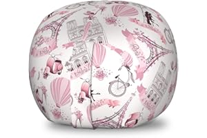 Ambesonne Paris Storage Toy Bag Chair, Valentines Day Theme with Eiffel Kissing Couple Hot Air Balloon Wedding Concept, Stuffed Animal Organizer Washable Bag, Small Size, Pink Rose