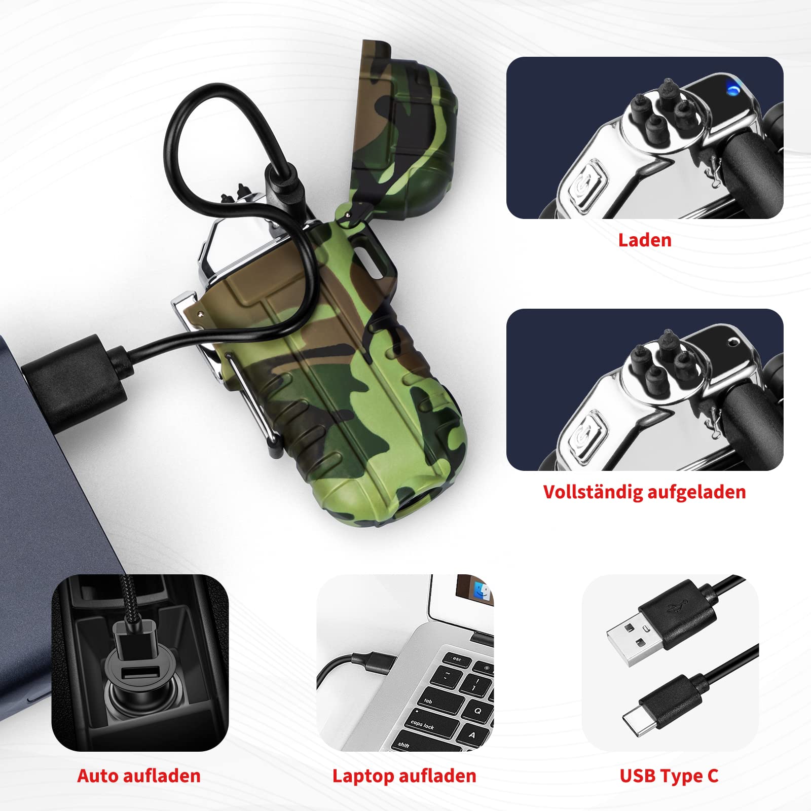 Waterproof & Windproof Electric Lighter for Outdoor Survival Equipment, Professional Type-C Rechargeable Lighter, Dual Arc Lighter Kits for Camping Hiking Survival Equipment