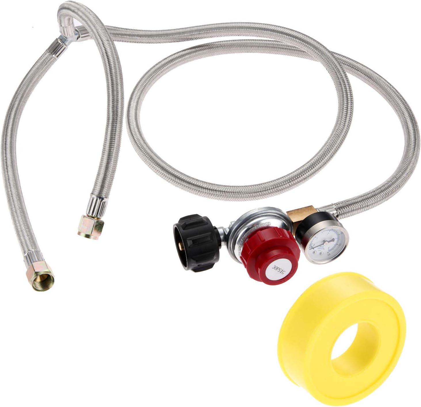 Aupoko Adjustable Propane Regulator Stainless Braided Hose 0-30 PSI with Gauge, 2 Y-Splitter Hose QCC1/Type1 to 3/8
