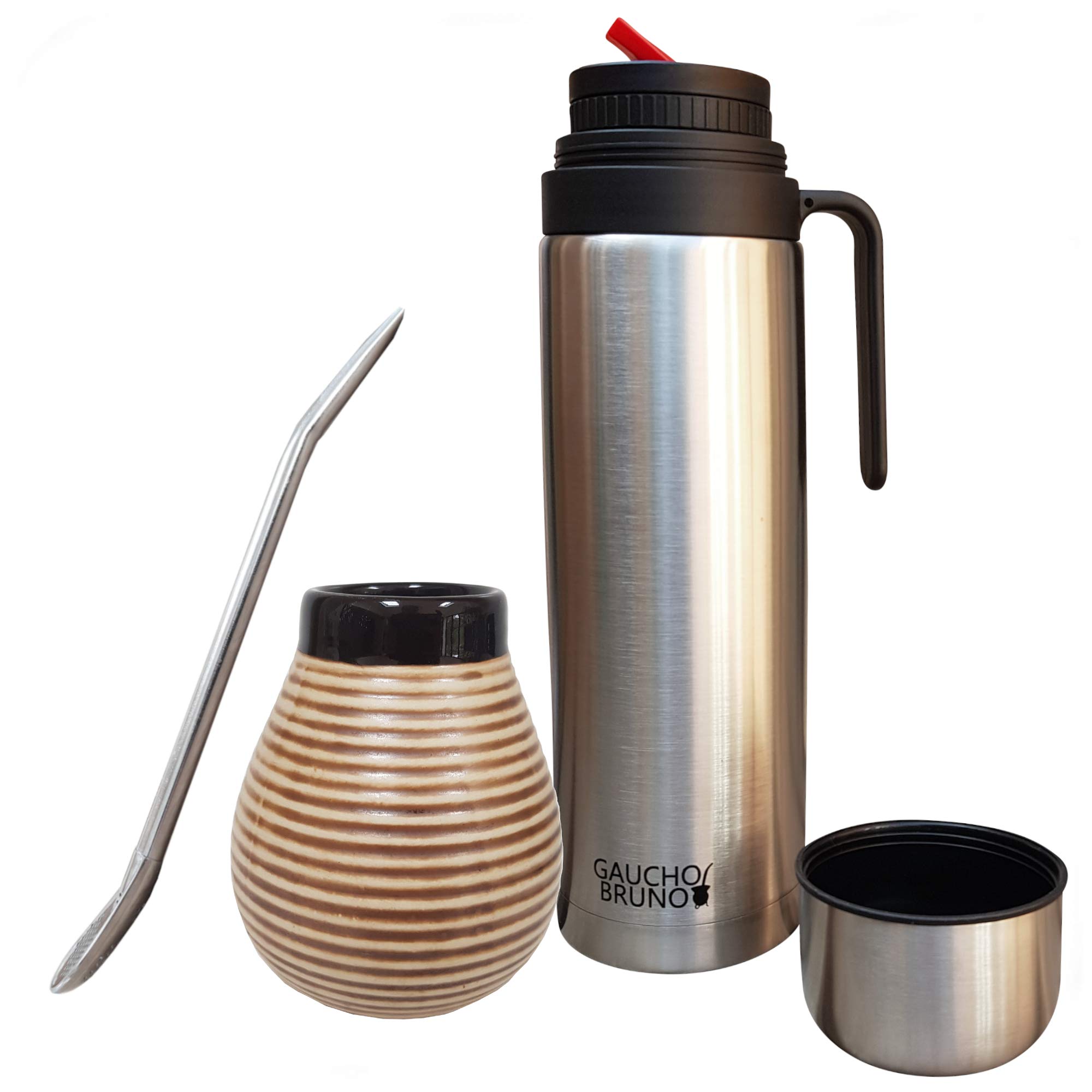 Gaucho Bruno Yerba Mate Cup, Straw, Flask Set - Ceramic Gourd Mug, Stainless Steel Bombilla Drinking Straws and 1 Litre Flask with Red Pouring Spout - Reusable Home and Travel Drinks Kit - Brown
