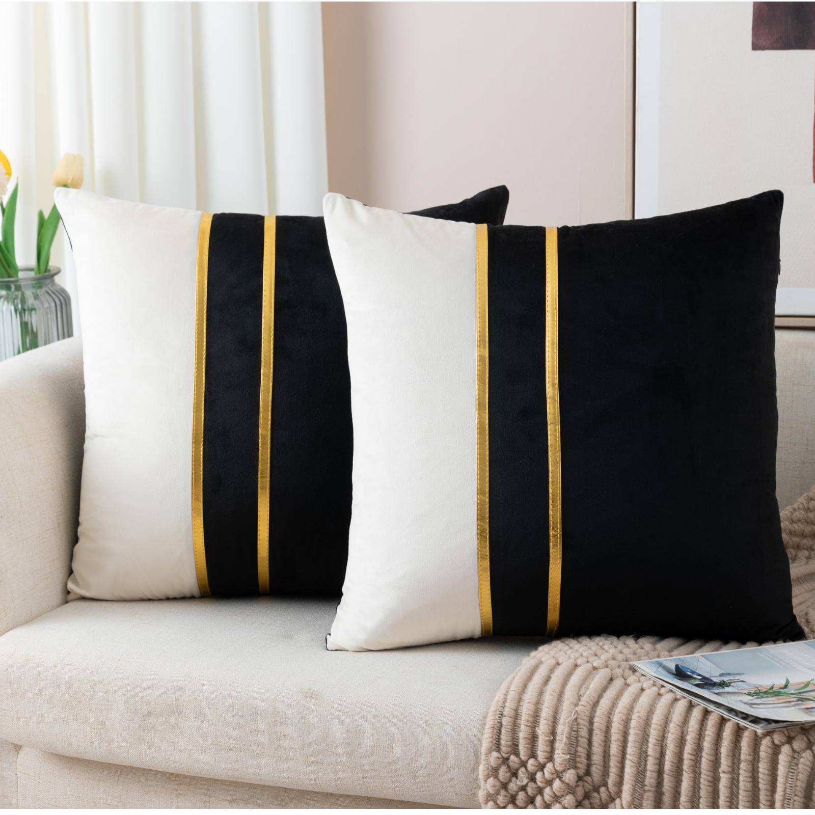 Photo 1 of ZLINA Set of 2 Velvet Decorative Throw Pillow Covers Black White Patchwork with Gold Leather Pillow Covers 18 × 18 Inch Cushion Covers Decor Living Room Sofa Bedroom Car