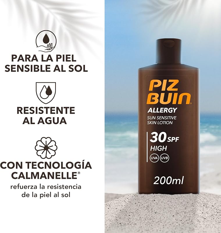 Piz buin allergy sun sensitive skin lotion fps 30 (200 ml), protetor solar corporal com fps 30, proteção solar elevada para peles sensíveis, loção corporal com filtros uva/uvb