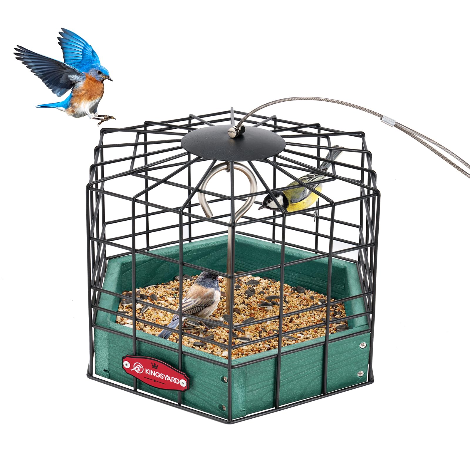Photo 1 of Kingsyard Squirrel Proof Platform Bird Feeders for Outdoor Hanging, Caged Bird Feeder for Small Wildbirds, Recycled Plastic Feeding Platform with Metal Seed Tray, Green