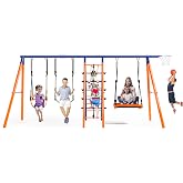 Swing Sets for Backyard 700 lb - 6 in 1 Playground Sets with 3 Swings Seats | Heavy Duty Metal Stand with Platform/Belt/Baby Swing, Climbing Ladder/Net, Easy Install, Outdoor Playset for Kids Family Fun