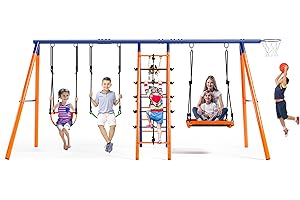 SIHANM Swing Sets for Backyard 700 lbs - 6 in 1 Multifunction Swing Set Outdoor for Kids Playground, Larger Heavy Duty Metal Swing Stand with 3 Adjustable Swings, Climbing Ladder and Net, Basketball Hoop