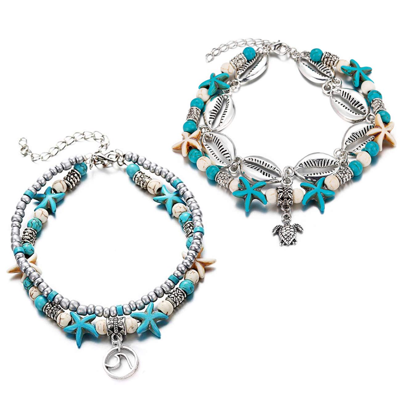Gleamart Beach Turtle Anklet Boho Layered Handmade Adjustable Foot Chain for Women Turtle Wave