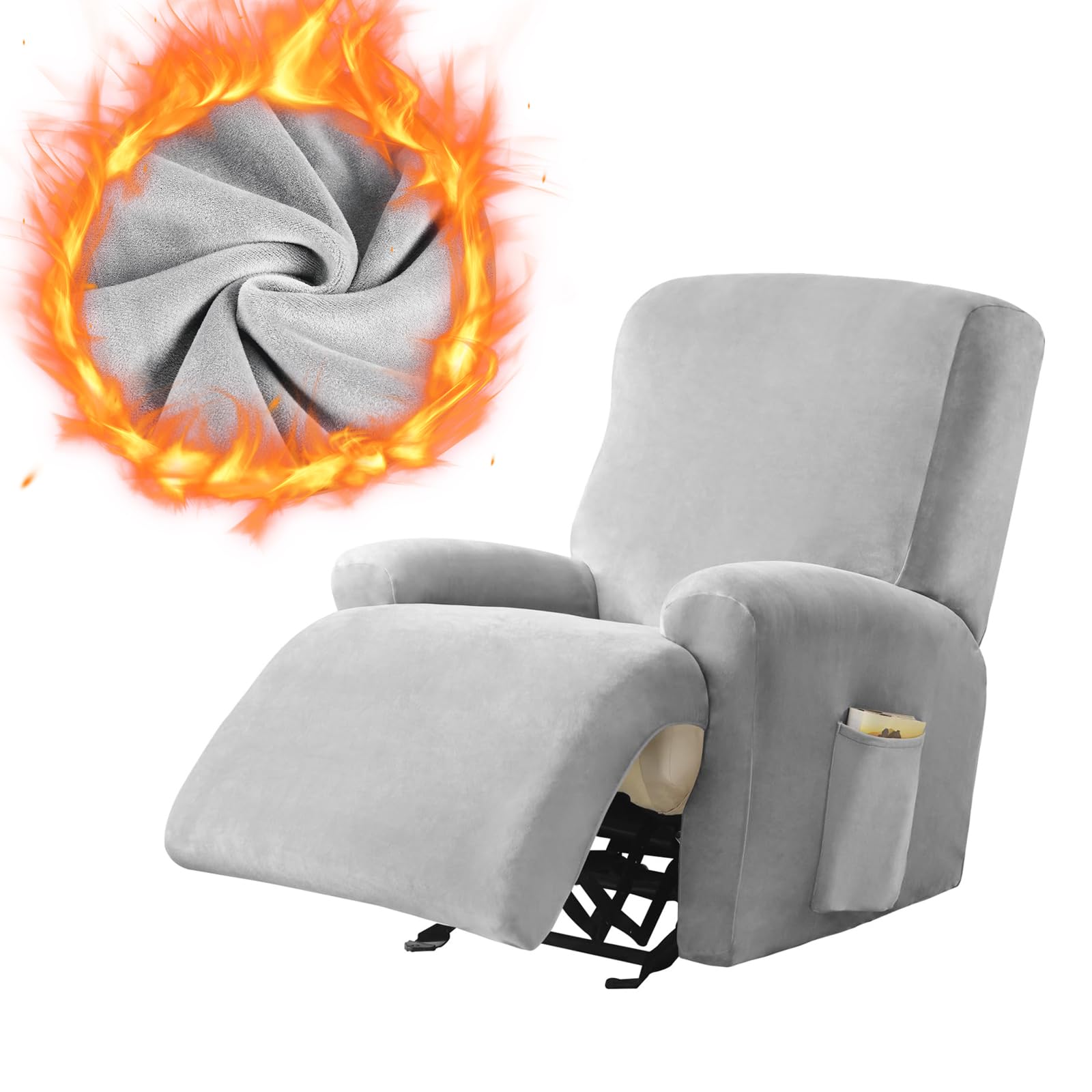 Leorate Velvet Recliner Chair Cover with Side Pocket - Stretch Recliner Slipcover for Electric Chair Soft Thick Fabric Armchair Cover for Winter Armchair Slipcovers for Living Room (Velvet-Lightgrey)