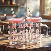 Skylety 2 Pcs Valentine's Galentine's Day Glass Mugs 3D Pink Bow Glass Cup with Lid and Straw 17 oz Coquette Aesthetic Iced Coffee Cup with Handle for Women Girls Valentine's Galentine's Day Gift