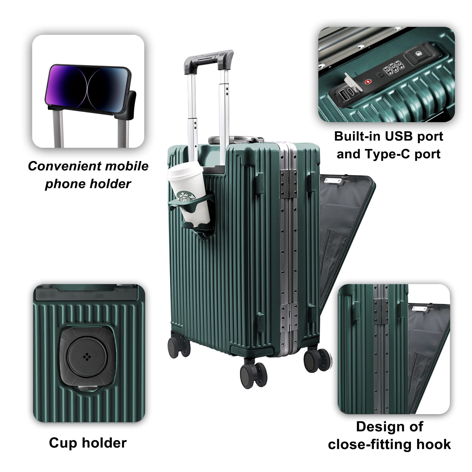 Carry On Luggage with Cup Holder and Usb Port, Aluminum Frame, Front Compartment, TSA Lock, 22x14x9 Airline Approved Hardside Suitcase with Spinner Wheels(Dark Green, 20-lnch)