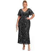 Ever-Pretty Plus Women's Sequin Maxi Plus Size Formal Mother of Bride Dress | V-Neck, Short Sleeve, Bodycon, High Stretch, Plus Size Evening Gowns, Plus Size Wedding Guest Dresses
