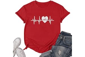 Caipudan Beach Heartbeat T Shirt for Women Love Heart Graphic Tees Print Shirts Short Sleeve Casual Summer Vacation Tee Tops