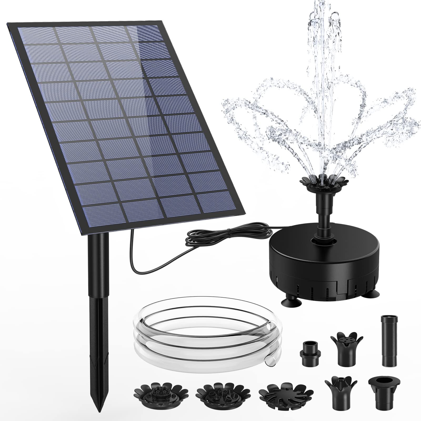 AMZtime DIY Solar Fountain Pump, 7W Solar Water Fountain with 5FT Water Pipe 16 Nozzles Solar Powered Pump Sprays Various Water Features for Bird Bath, Garden Decoration, Fish Tank and Pond