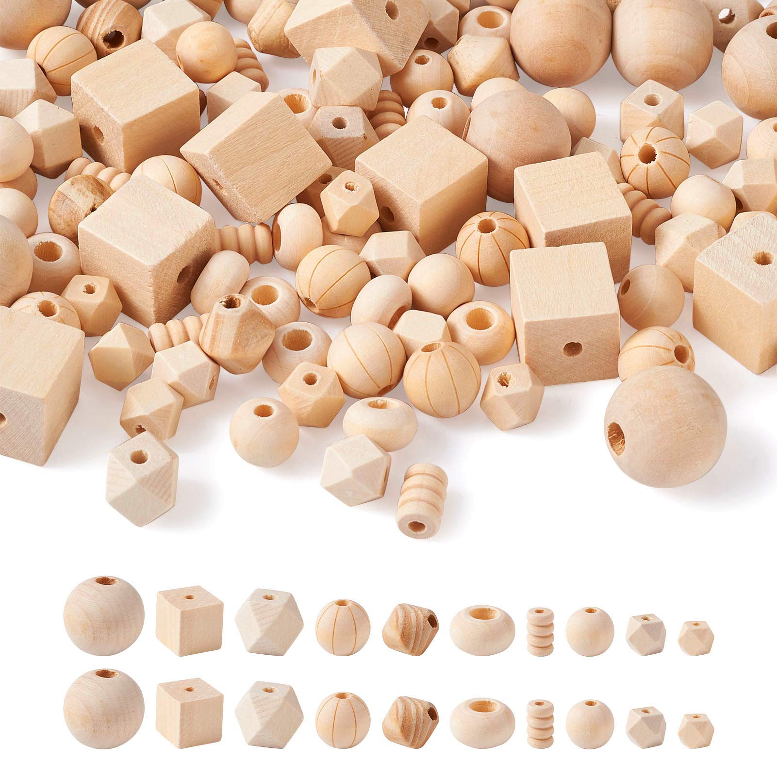PandaHall 150pcs Natural Wood Beads Unfinished Mixed Shapes Large Hole Wooden Beads for Bracelet Necklace Jewelry Making