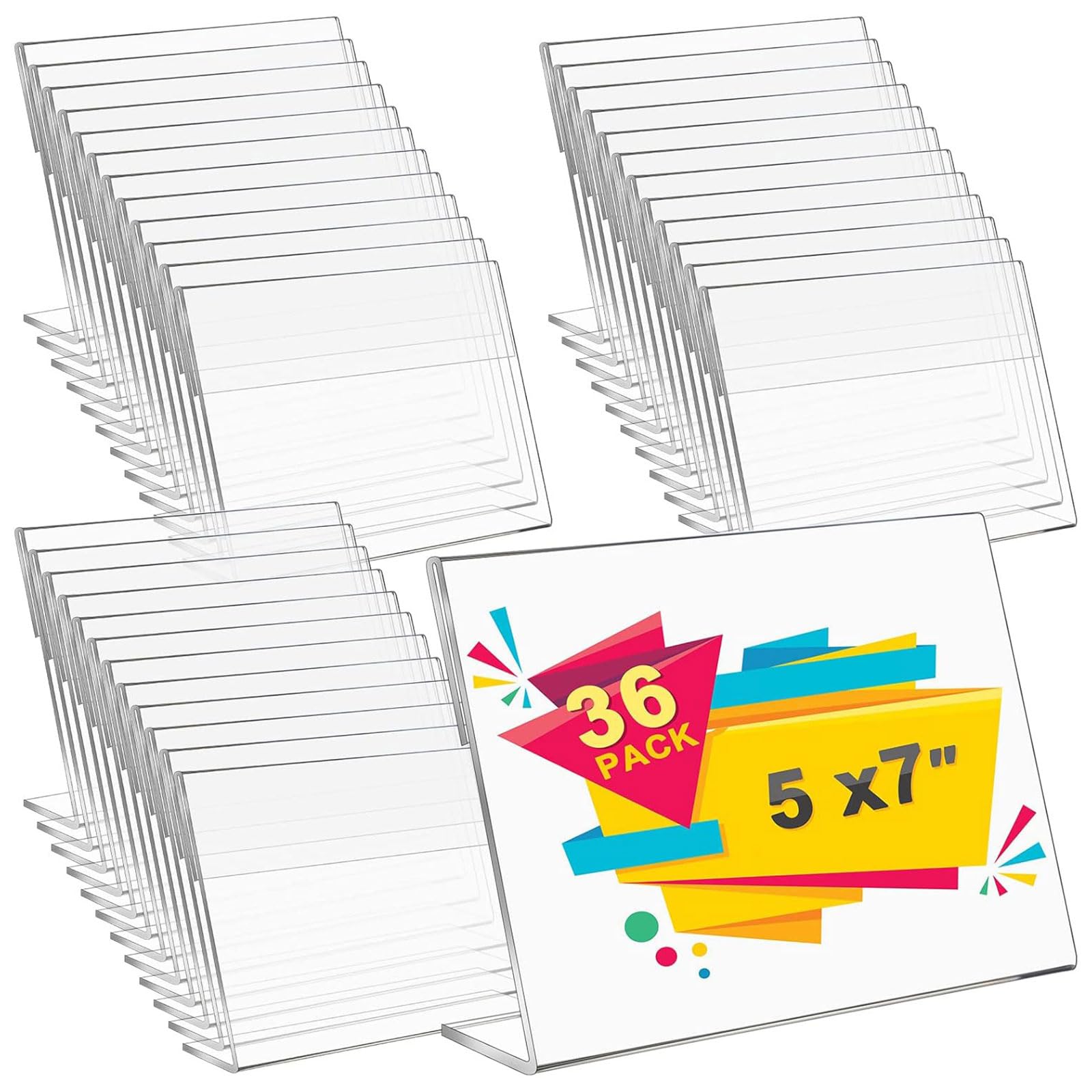 Photo 1 of 36 Pack Acrylic Picture Frame 5 x 7 Inch Display Stands Sign Holder Photo Booth Slanted Back Clear Self Standing Horizontal Stand L Shape Photo Frame for Collage Landscape Home Office Restaurant