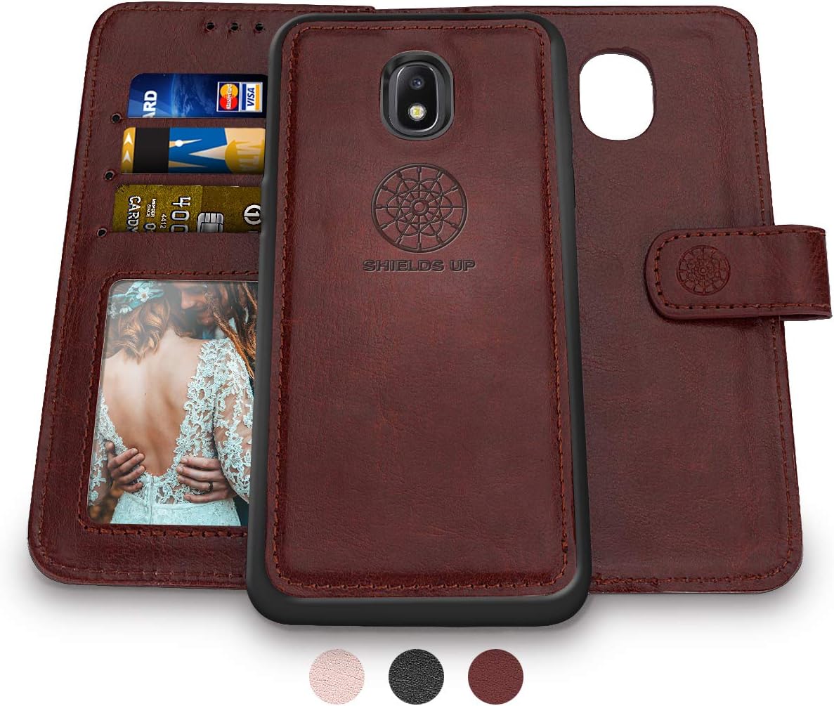 Shileds Up for Galaxy J7 Refine/J7 2018/J7 Star/J7 Top/J7 Aura/J7 Aero/Crown/Eon Wallet Case, [Detachable] Slim Magnetic Case, Card/Cash Slots, [Vegan Leather] Cover for Samsung J7 V 2nd Gen - Brown