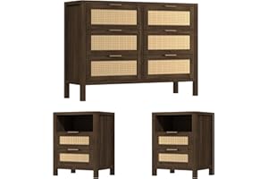 BTDWI Wood 6 Drawer Dresser & 2 Nightstand Set for Bedroom, Wide Rattan Drawer with Gold Handle for Bed Room, Hallway, Brown Oak