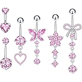 Wikovzy 6Pcs Belly Button Ring Dangle Navel Belly Piercing Jewelry Bow Heart Butterfly Flower Navel Belly Rings Stainless Steel Dangling Jewelry 14G Cute Pink White CZ for Women