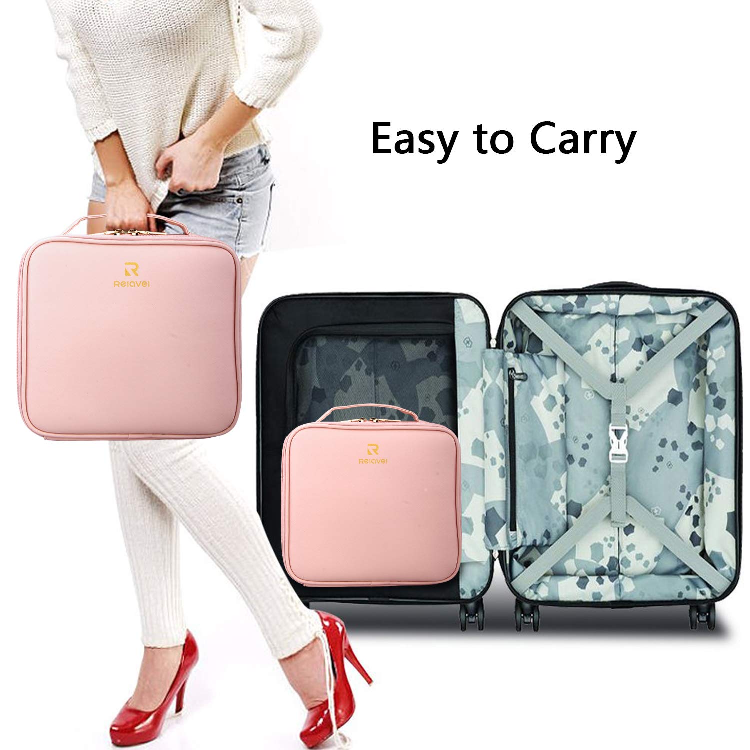 Relavel Makeup Case Travel Makeup Bag for Women Makeup Train Case Cosmetic Bag Toiletry Makeup Brushes Organizer Portable Travel Bag Artist Storage Bag with Adjustable Dividers (Pink) : Beauty