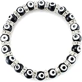 JEWELRIESHOP Turkish Evil Eye Bracelet Murano Glass Beads Beaded Clear Crystal Spacer Bracelet for Women (6-8mm, Blue Red Black White Mix Color Eye Beads)
