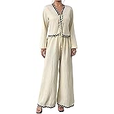 SHENHE Women's 2 Piece Lounge Sets Long Sleeve Tie Front Tops and Wide Leg Flowy Palazzo Pants