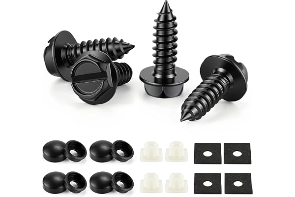 LivTee Rustproof License Plate Screws for Securing License Plates Frames and Covers on Cars and Trucks, 4 Sets Premium Stainless Steel Self Tapping Mounting Bolts (Black Zinc Plated)