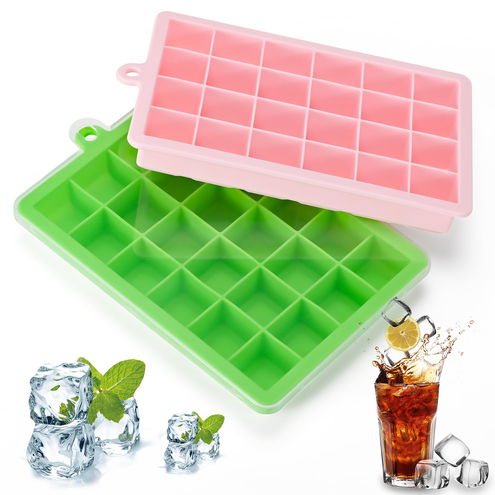 FIOUSY Silicone Ice Cube Tray, Flexible Ice Cube Tray with Removable Lid, 2 PCS of Ice Cube Moulds Set and 24 Ice Cub Per Tray for Whiskey