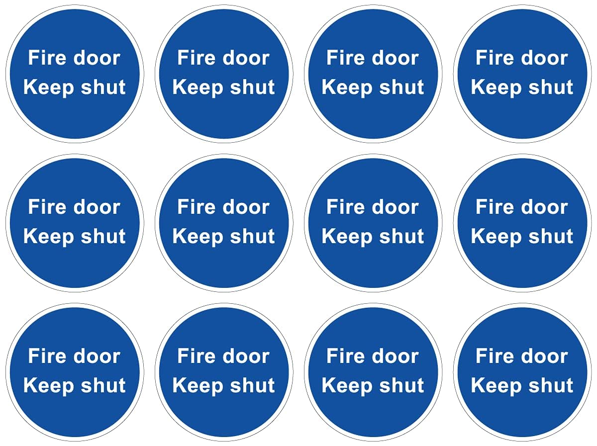 Pack of 12 Self Adhesive, 80mm Diameter, Vinyl, Fire Door Keep Shut Signs