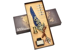 Hethrone Quill Pen and Ink Set - Feather Pen Set Includes Calligraphy Dip Pen with Ink, Pen Holder and 5 Replacement Nibs Ideal Holiday Gifts (Navy)