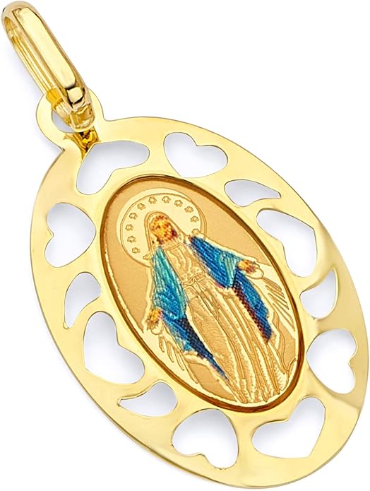 14k REAL Yellow Gold Religious Blessed Virgin Mary Enamel Picture Charm Pendant Jewelry