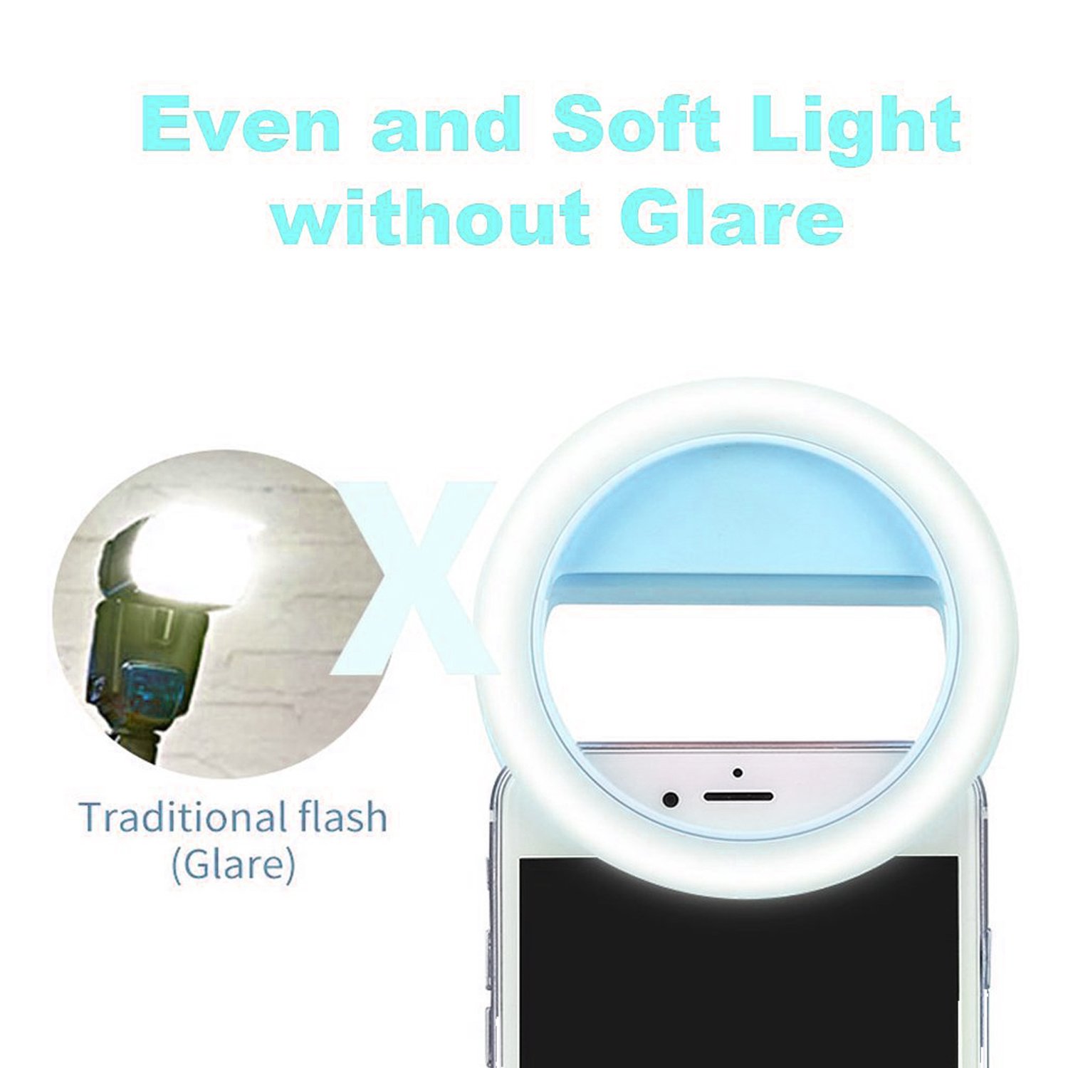 Rechargeable Selfie Ring Fill Light 3 Levels Gears Brightness with USB Charging Cable for iPhone 7/7 Plus /6/6s Plus/6/6s/5/5s/4/4s, Samsung Galaxy S7/S7 Edge/S6 Edge/S6 Edge+,Note 5/4/3/2,Cellphone