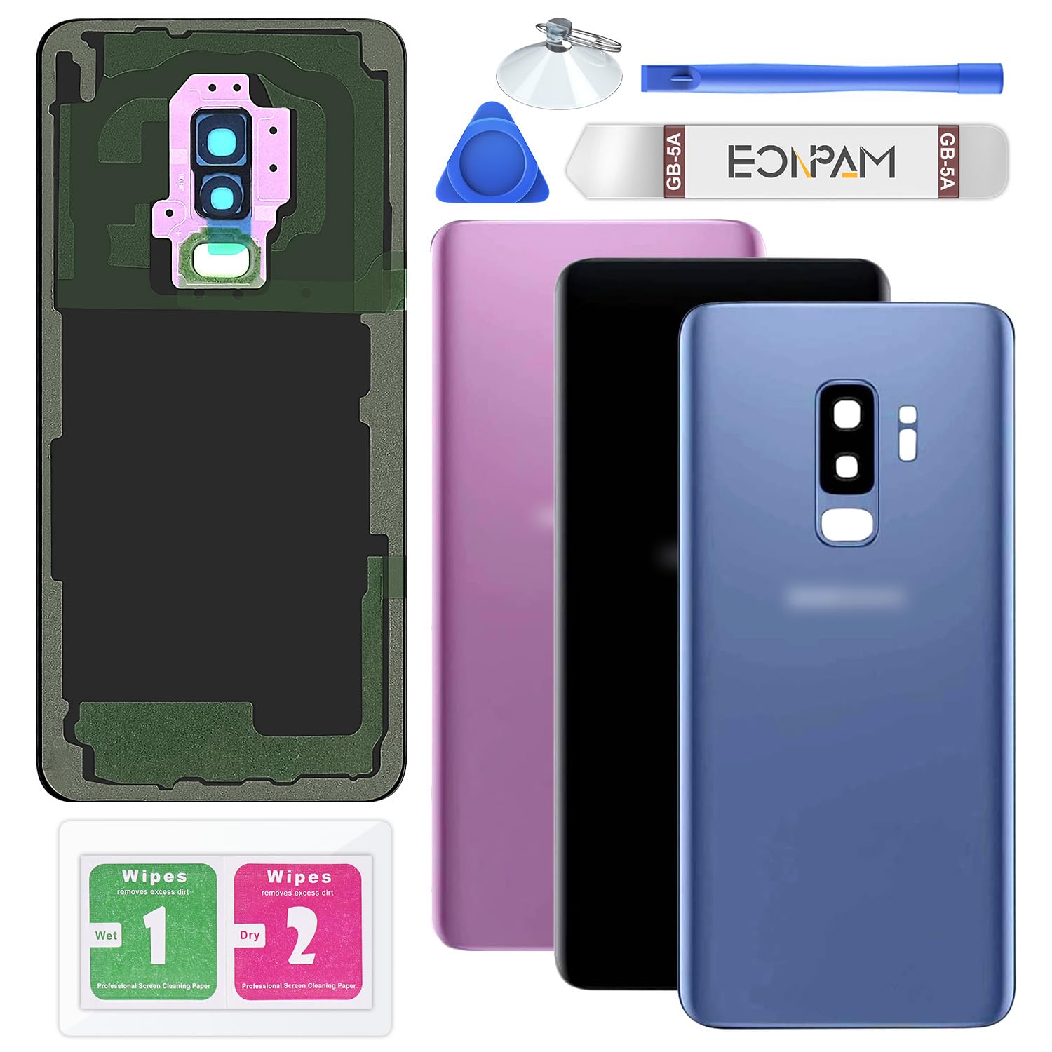 Eonpam Battery Cover Back Glass Replacement for (Samsung Galaxy S9+ Plus) Repair Kit Genuine Rear Housing (Blue)
