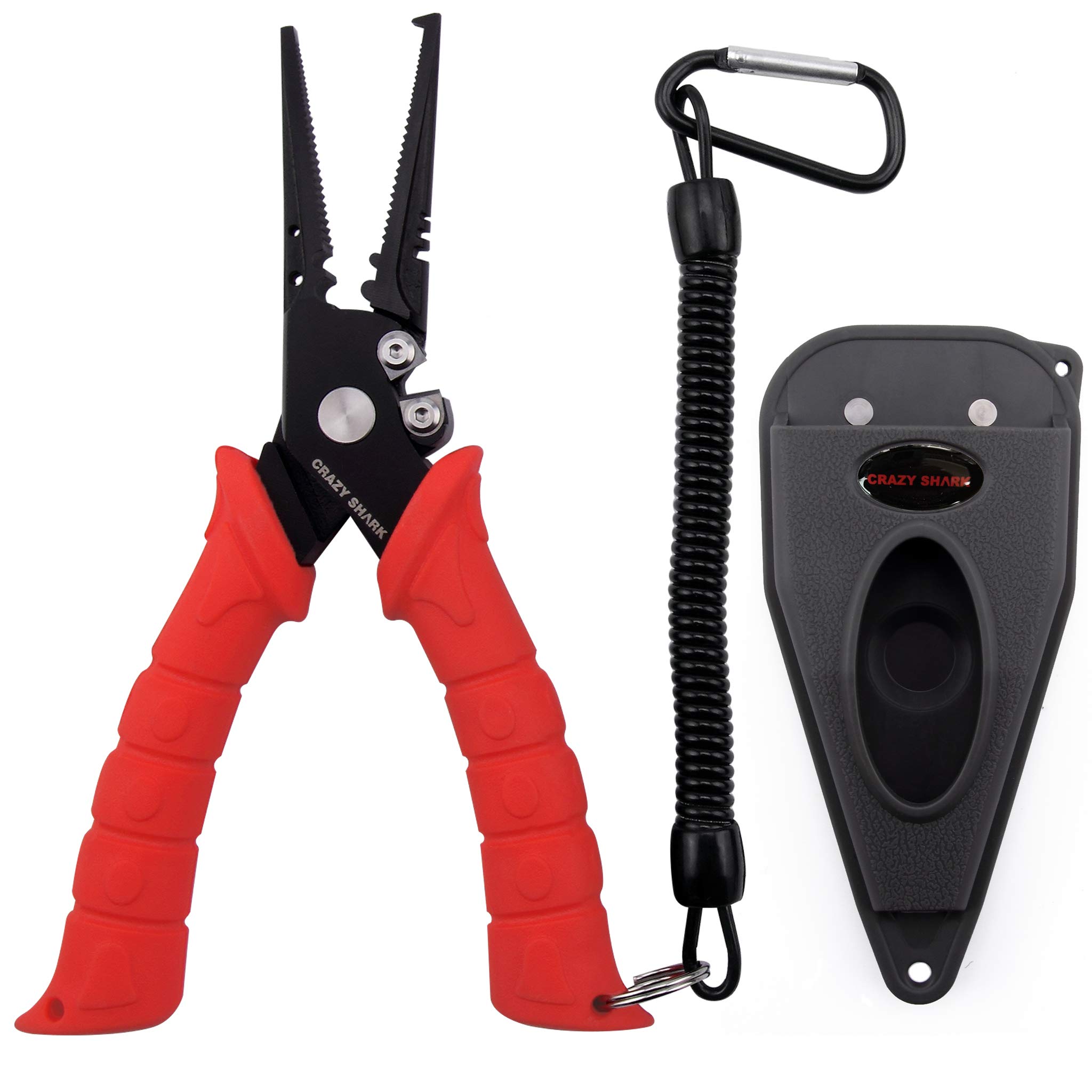 CRAZY SHARK 7" Fishing Pliers, Stainless Steel Fishing Tools, Saltwater Resistant Fishing Gear, Tungsten Carbide Cutters, Split Ring Pliers, Hook Remover with Coiled Lanyard and Sheath